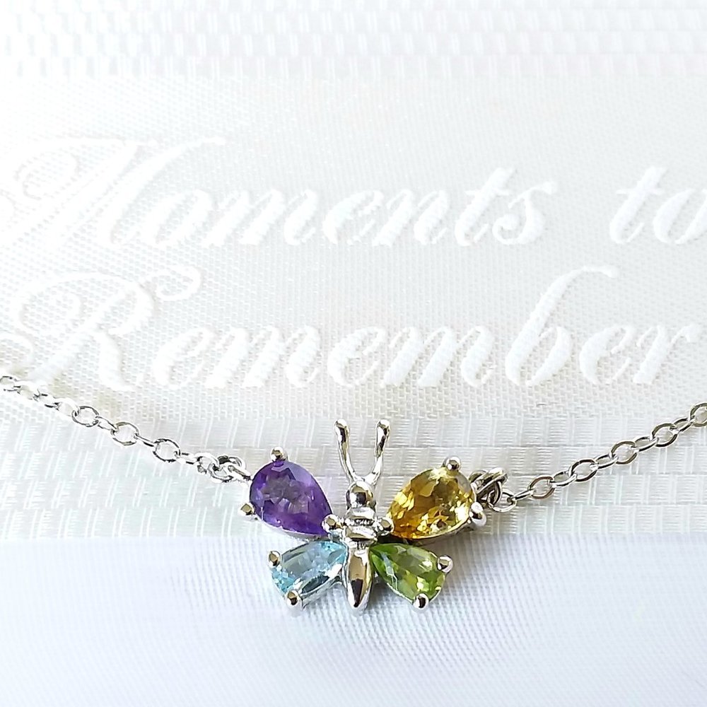 925 Sterling Silver Pendant Necklace Butterfly Multi Gemstone 16in 90s Vtg Y2K - Picture 3 of 8